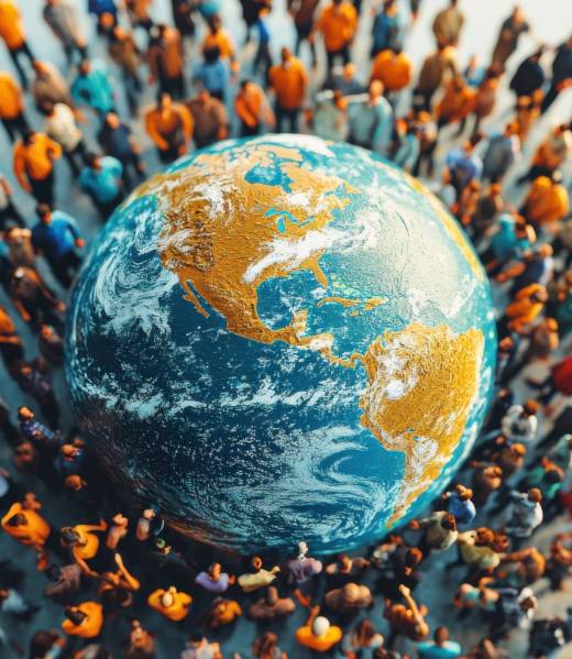 A globe surrounded by workers from around the world holding hands, symbolizing international solidarity