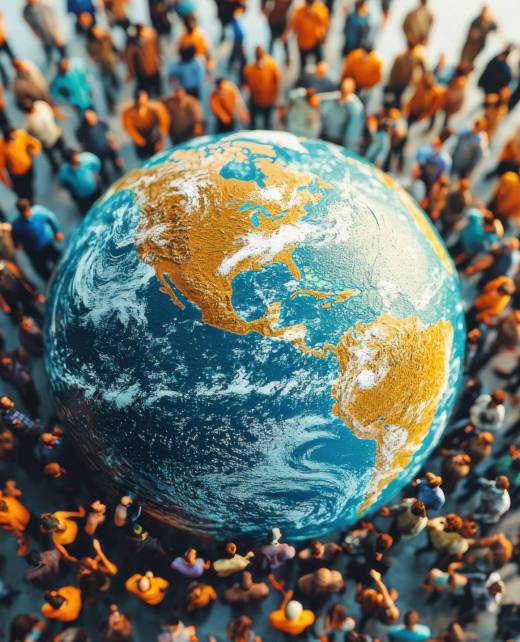 A globe surrounded by workers from around the world holding hands, symbolizing international solidarity