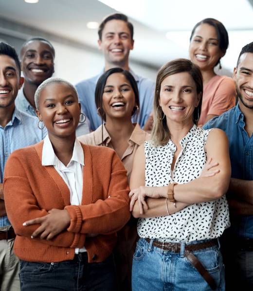Diversity, portrait of happy colleagues and smile together in a office at their workplace. Team or collaboration, corporate workforce and excited or cheerful group of coworker faces, smiling at work